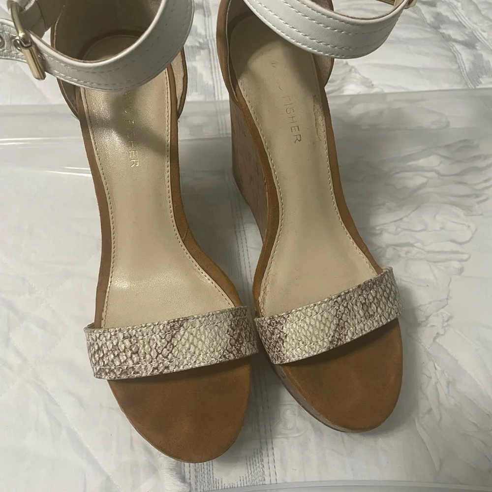 Mark Fisher beige suede and snake embossed ankle strap cork‎ wedges.